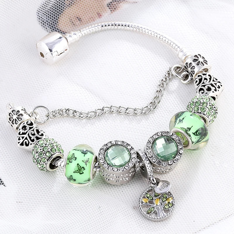luckacco baopon new fashion life of tree crystal charm bracelet fit green color snake chain brand bracelets & bangles for women jewelry