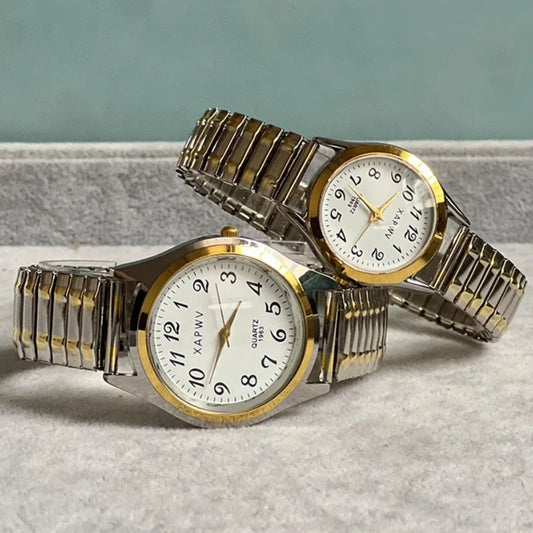 Luckacco Classic Vintage Business Couple Women Men Elastic Gold Sliver Quartz Watch Tide Lovers Couple Bracelet Watches Party Office Gift