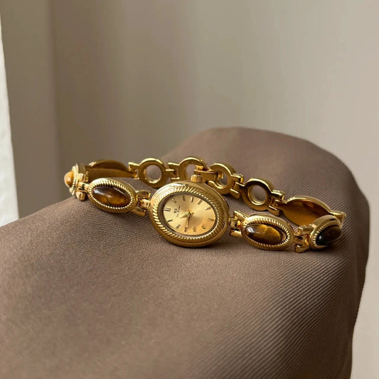 Luckacco Fashion Luxury Women's Watches Natural Gemstone Oval Dial Quartz Wristwatch Unique High-end Temperament Ladies' Watch Bracelet