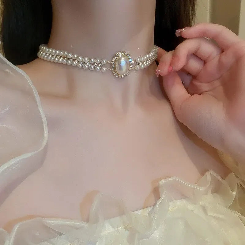 luckacco oval imitation pearl rhinestones double-layered ckokers necklaces for women light luxury temperament fashion jewelry party gifts