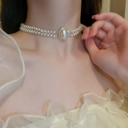 Luckacco Oval Imitation Pearl Rhinestones Double-Layered Ckokers Necklaces for Women Light Luxury Temperament Fashion Jewelry Party Gifts