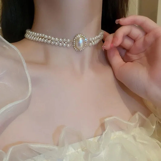 Luckacco Oval Imitation Pearl Rhinestones Double-Layered Ckokers Necklaces for Women Light Luxury Temperament Fashion Jewelry Party Gifts