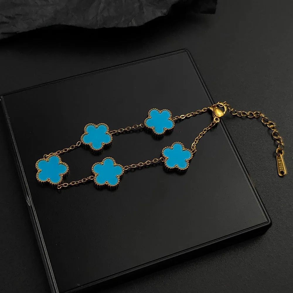 luckacco mussel five-leaf plum blossom stainless steel women's exquisite chain bracelet, 18k gold plated, light luxury, lucky jewelry