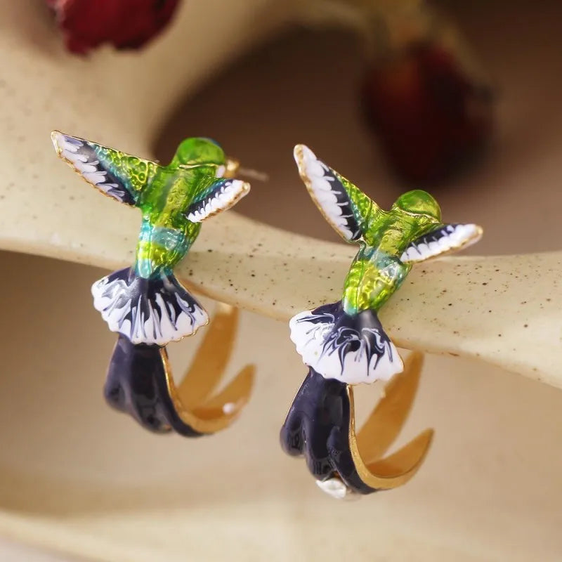luckacco new cute hummingbird dropping oil earrings for women's fashion and minimalist bird earrings and earrings
