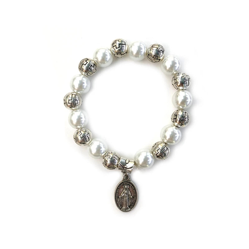 luckacco holy father mother pendant glass pearl beads strand elastic bracelet for men women religious jewelry