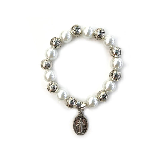Luckacco Holy Father Mother Pendant Glass Pearl Beads Strand Elastic Bracelet For Men Women Religious Jewelry