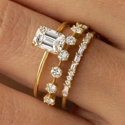 Luckacco Exquisite Women Rings Gold Color Square Round White Stone Rings Set Party Accessories Gift