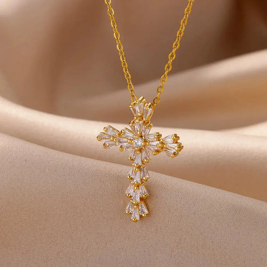 Luckacco Luxury Zirconia Cross Pendant Necklace for Women Zircon Crystal Stainless Steel Chain Charm New Trend Aesthetic Jewerly collares