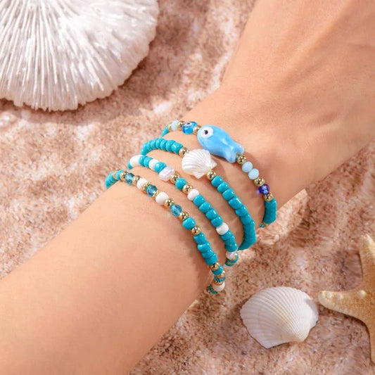 Luckacco Bohemian Imitation Shell Beads Bracelet For Women Sea Star Turtle Woven Rope Bracelet Handmade Friendship Beach Holiday  Jewelry