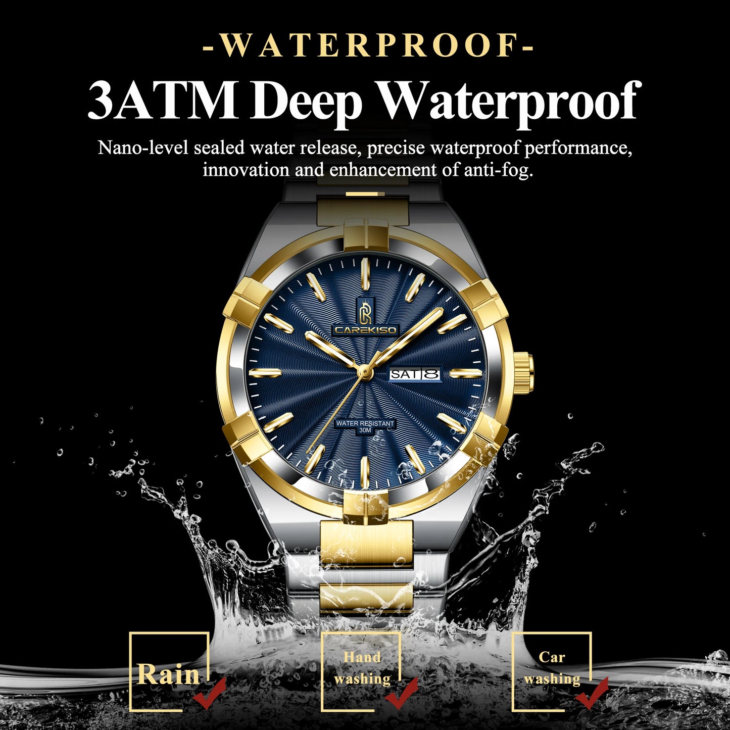 luckacco carekiso military business men clock date week waterproof luminous quartz man wristwatch stainless steel men's watches reloj+box
