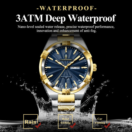 Luckacco CAREKISO Military Business Men Clock Date Week Waterproof Luminous Quartz Man Wristwatch Stainless Steel Men's Watches Reloj+Box