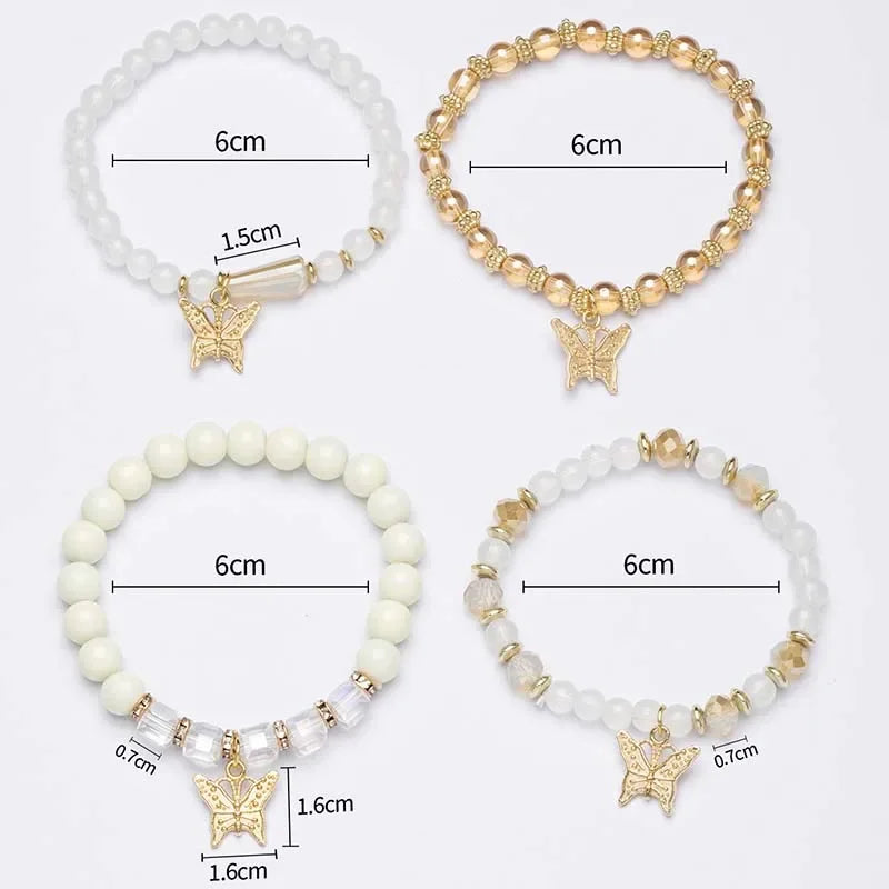 luckacco 4pcs trendy butterfly beaded bracelet set for women pink acrylic beads elastic chain bangle female bohemian party jewelry gift