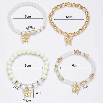 Luckacco 4Pcs Trendy Butterfly Beaded Bracelet Set For Women Pink Acrylic Beads Elastic Chain Bangle Female Bohemian Party Jewelry Gift