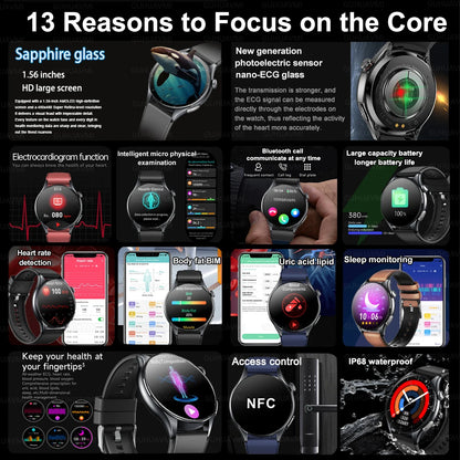 Luckacco 2025 New Health Analysis ECG+PPG Smart Watch Body Fat Uric Acid Blood Pressure Heart Rate Tracker NFC Smartwatch For Android IOS