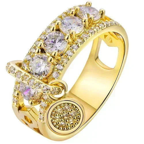 Luckacco Engagement Jewelry Gifts Vintage Royal Blue Stone Ring Yellow Gold Color Luxury Female Wedding Rings for Women Round Dangle Ring