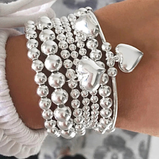 Luckacco 7Pcs/Set Chic Heart Charm Beaded Bracelet Set For Women Vintage Simple Silver Color Exquisite Multi-Layer Bracelets Jewelry Gift