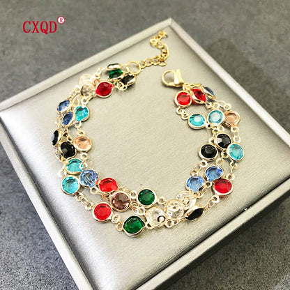 Luckacco Beautiful Fashion Multicolor Stainless Steel Lobster Clasp Glass Copper Combination Golden Bracelets For Women Girls Kids Gift