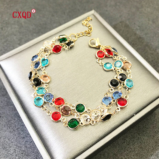Luckacco Beautiful Fashion Multicolor Stainless Steel Lobster Clasp Glass Copper Combination Golden Bracelets For Women Girls Kids Gift