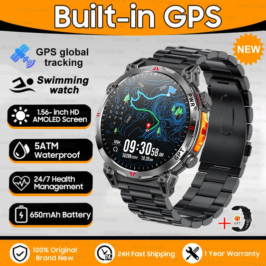 Luckacco 2025New Military GPS Sports SmartWatch Men 1.56" AMOLED Screen Compass Altimeter 5ATM Waterproof 560mAh Wireless Call Smartwatch