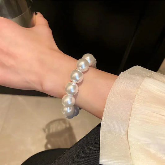 Luckacco Elegant White Faux Pearls Beaded Bracelets for Women Adjustable Elastic Rope Bracelet French Luxury Hands Jewelry Accessories