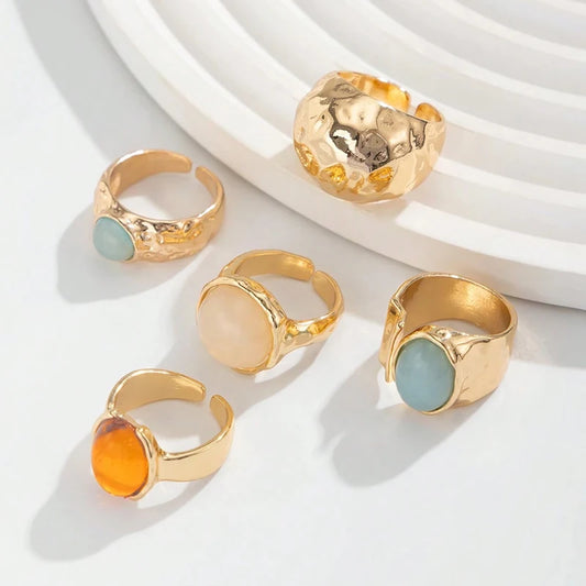 Luckacco Vintage Chic Geometric Stone Inlaid Ring Set for Women Simple Chunky Gold Color Geometric Rings Daily Wear Party Jewelry Gifts