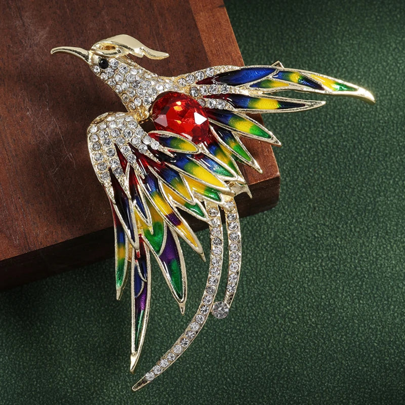 luckacco multicolor crystal phoenix brooch pin for women men enamel flying beauty bird party office accessories gifts