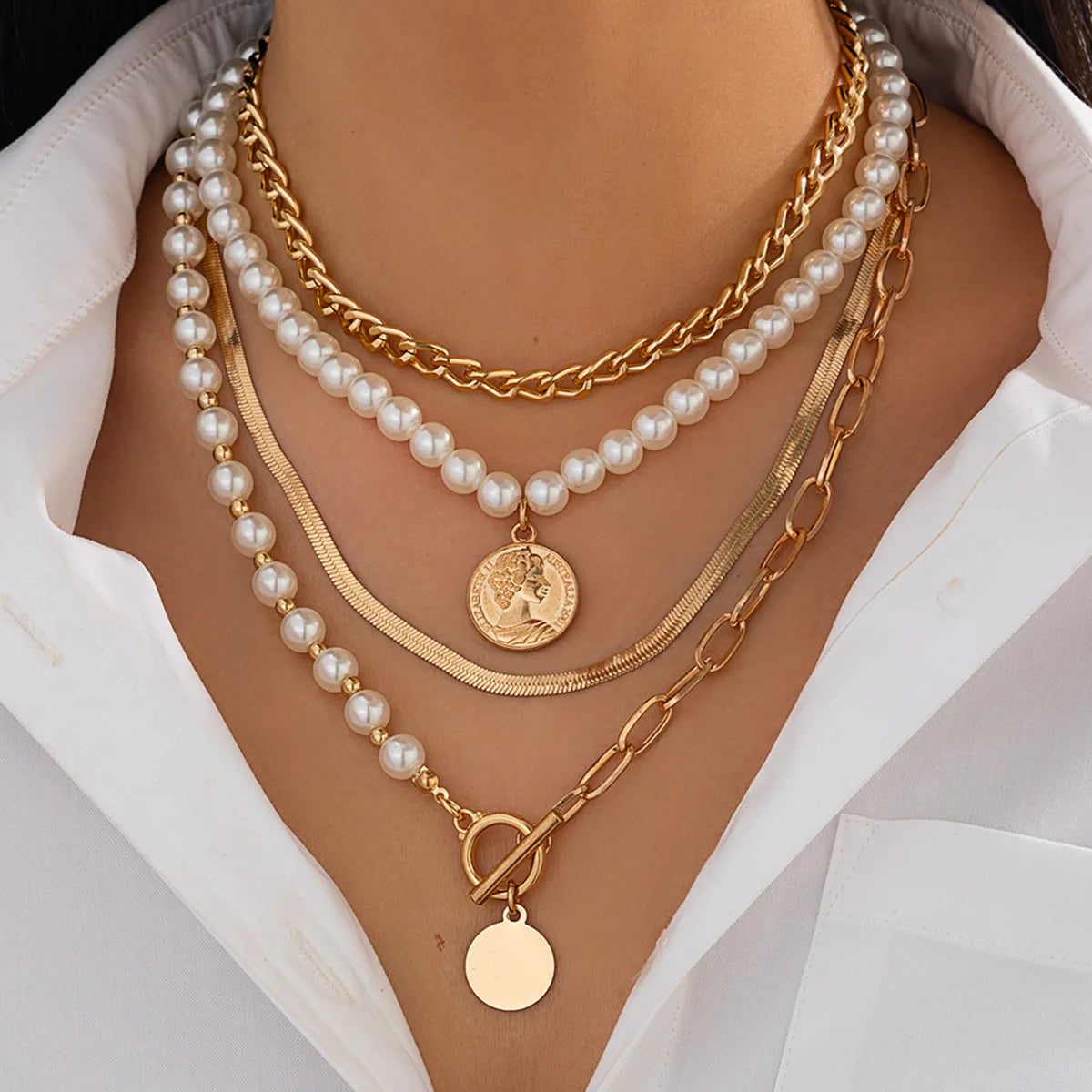 luckacco boho gold color metal round pendant necklace 2025 women's multi layer sweet imitation pearl snake chain girls fashion jewelry