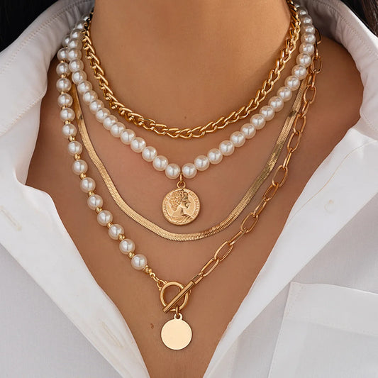 Luckacco Boho Gold Color Metal Round Pendant Necklace 2025 Women's Multi Layer Sweet Imitation Pearl Snake Chain Girls Fashion Jewelry