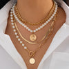 Luckacco Boho Gold Color Metal Round Pendant Necklace 2025 Women's Multi Layer Sweet Imitation Pearl Snake Chain Girls Fashion Jewelry