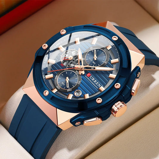 Luckacco CURREN Fashionable Sports Multifunctional Chronograph Quartz Watch with Silicone Strap Creative Design Dial Luminous Hands