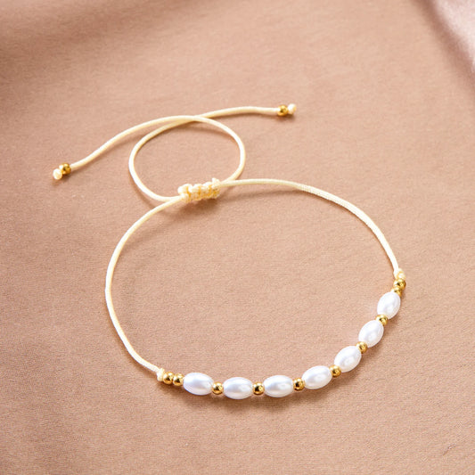 Luckacco Boho Imitation Pearl Beaded Metal Beads Bracelet for Women Vintage Handmade Woven Adjustable Chain Bowknot Heart Jewelry Gifts