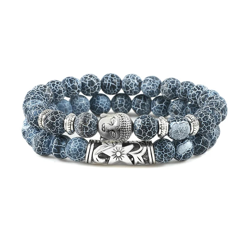 luckacco 2pcs/set buddha head bracelet for women men natural tiger eye lava stone yoga beads distance bracelets charm couple jewelry gift