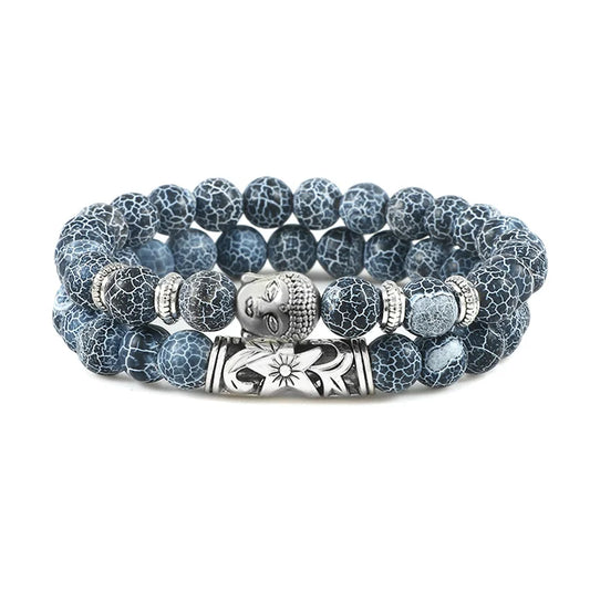 Luckacco 2pcs/set Buddha Head Bracelet for Women Men Natural Tiger Eye Lava Stone Yoga Beads Distance Bracelets Charm Couple Jewelry Gift