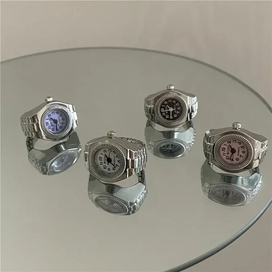Luckacco Vintage Punk Finger Watch Mini Elastic Strap Alloy Watches Couple Rings Jewelry Clock Retro Roman Quartz Watch Rings Women Men