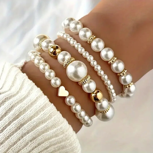 Luckacco New 4 Pcs/Set imitation Pearl Beaded Bracelets Set for Women Fashion Gold Color Heart Big Pearl Bracelet Trendy Jewelry Gifts