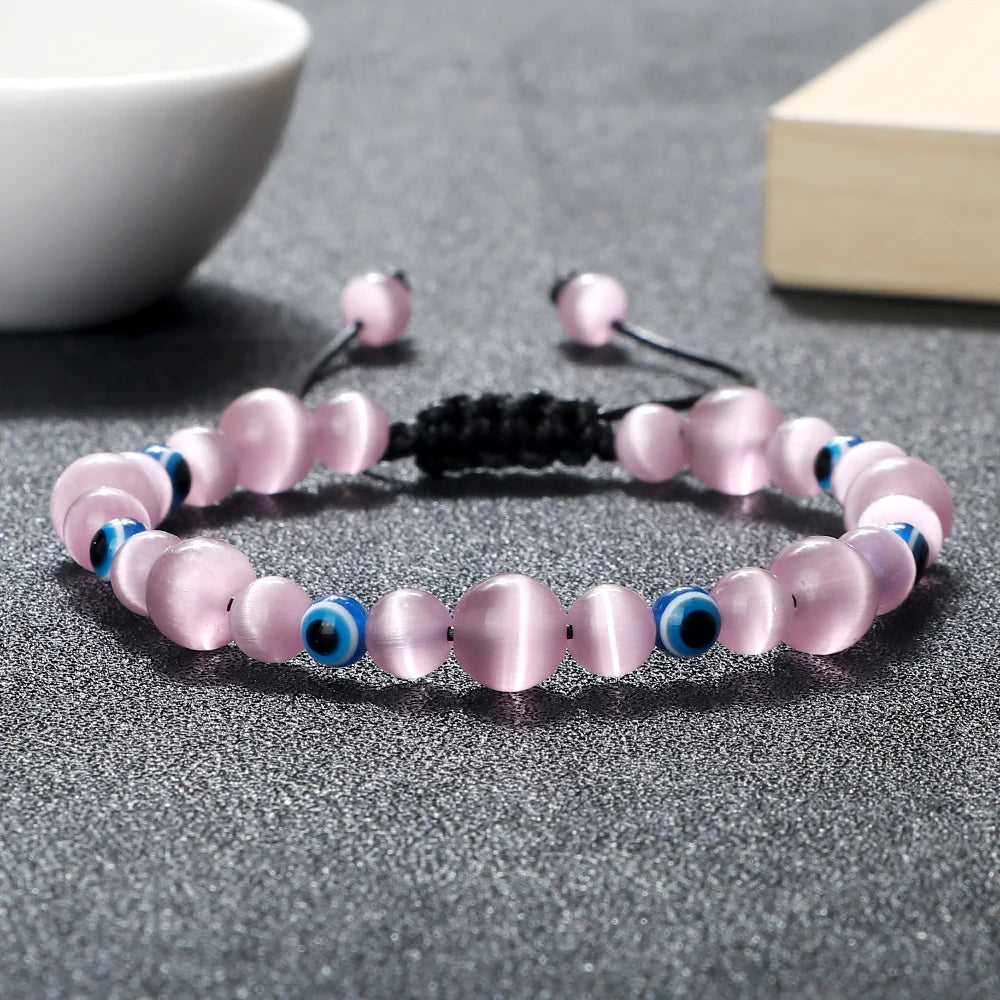 luckacco pink cat eye stone bracelet for women men natural opal quartz chakra devil's eye beads butterfly charm bangle wrist jewelry gift