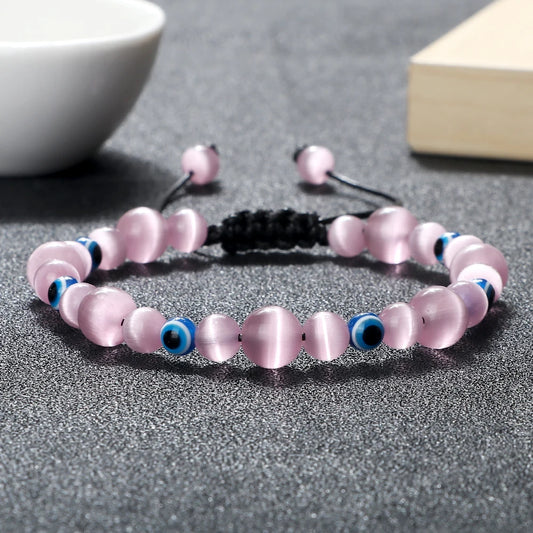 Luckacco Pink Cat Eye Stone Bracelet for Women Men Natural Opal Quartz Chakra Devil's Eye Beads Butterfly Charm Bangle Wrist Jewelry Gift