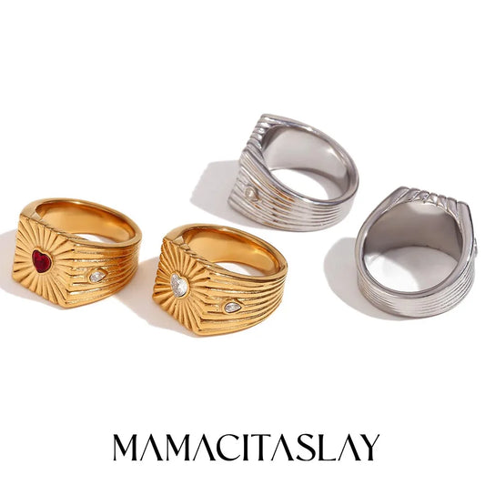 Luckacco MamacitaSlay New Exclusive Stainless Steel Heart Rhinestone Ring Anniversary Design Waterproof Jewelry Statement Rings Men Women