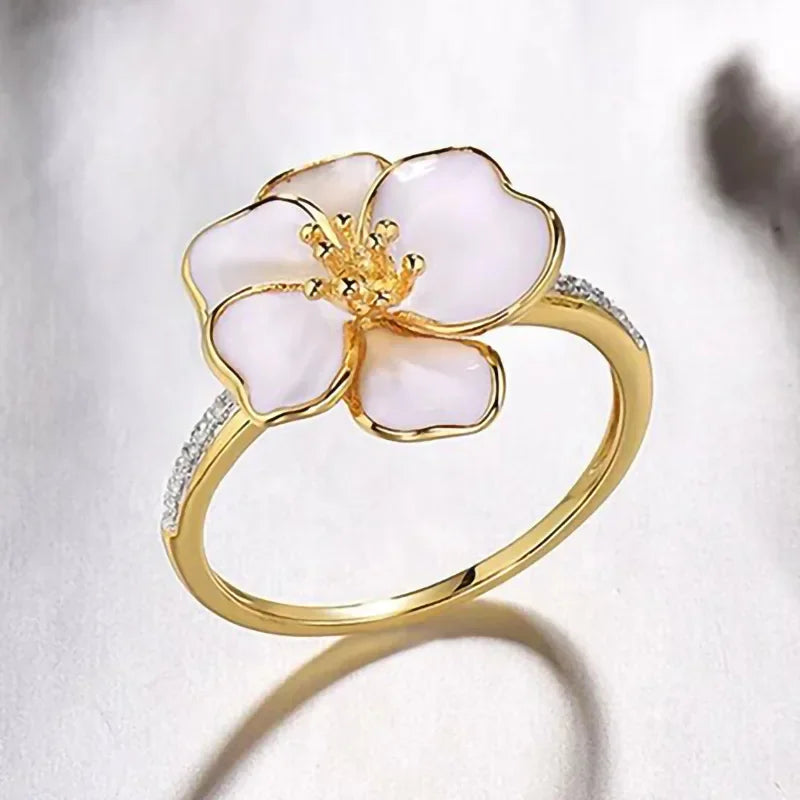 luckacco 2025 new rural style design: camellia ring with women's micro inlaid zircon flowers, fashionable and sweet jewelry accessories