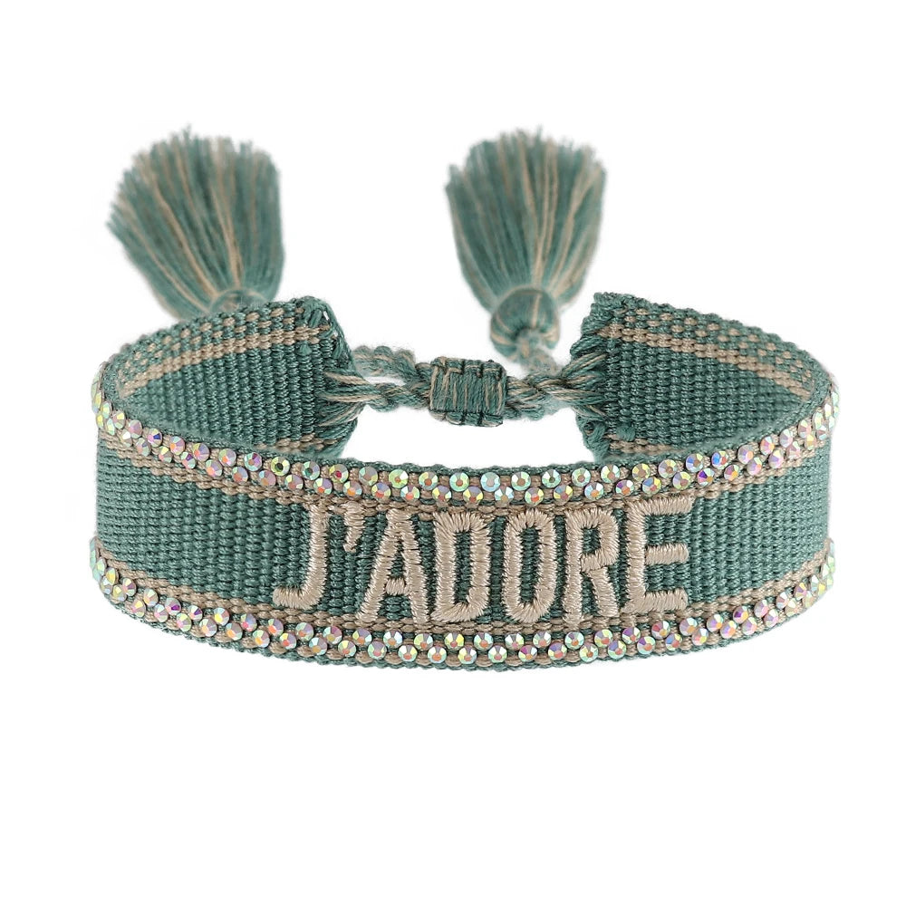 luckacco rhinestone embroidery woven bracelets adjustable rope stackable bangle for women