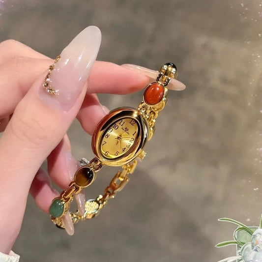 Luckacco Luxury Vintage Quartz Women's Watches Fashion Natural Green Jade Bracelet Clock Numerals Small Oval Dial Watch Woman Accesories