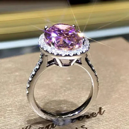 Luckacco Pink Cubic Zirconia Ring Suitable for Women's Engagement Wedding Luxury Accessories Sparkling Silver Fashion Jewelry