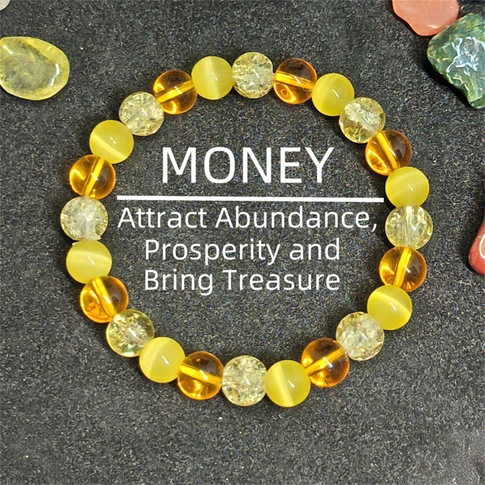 luckacco handmade cat's eye stone bracelet yellow natural crystal beaded bangle for attract wealth jewelry men women positive energy gift