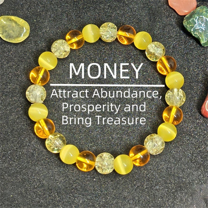 Luckacco Handmade Cat's Eye Stone Bracelet Yellow Natural Crystal Beaded Bangle for Attract Wealth Jewelry Men Women Positive Energy Gift