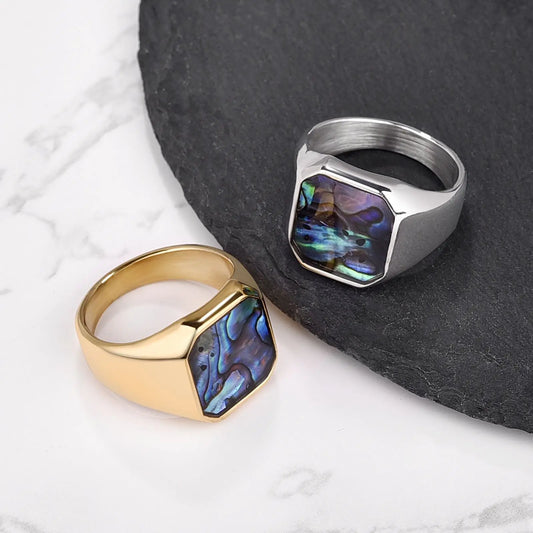 Luckacco Classic Gold Sliver Color Abalone Shells Finger Ring Men Punk Party Smooth Stainless Steel Rings Male Circular Wedding Ring Gift