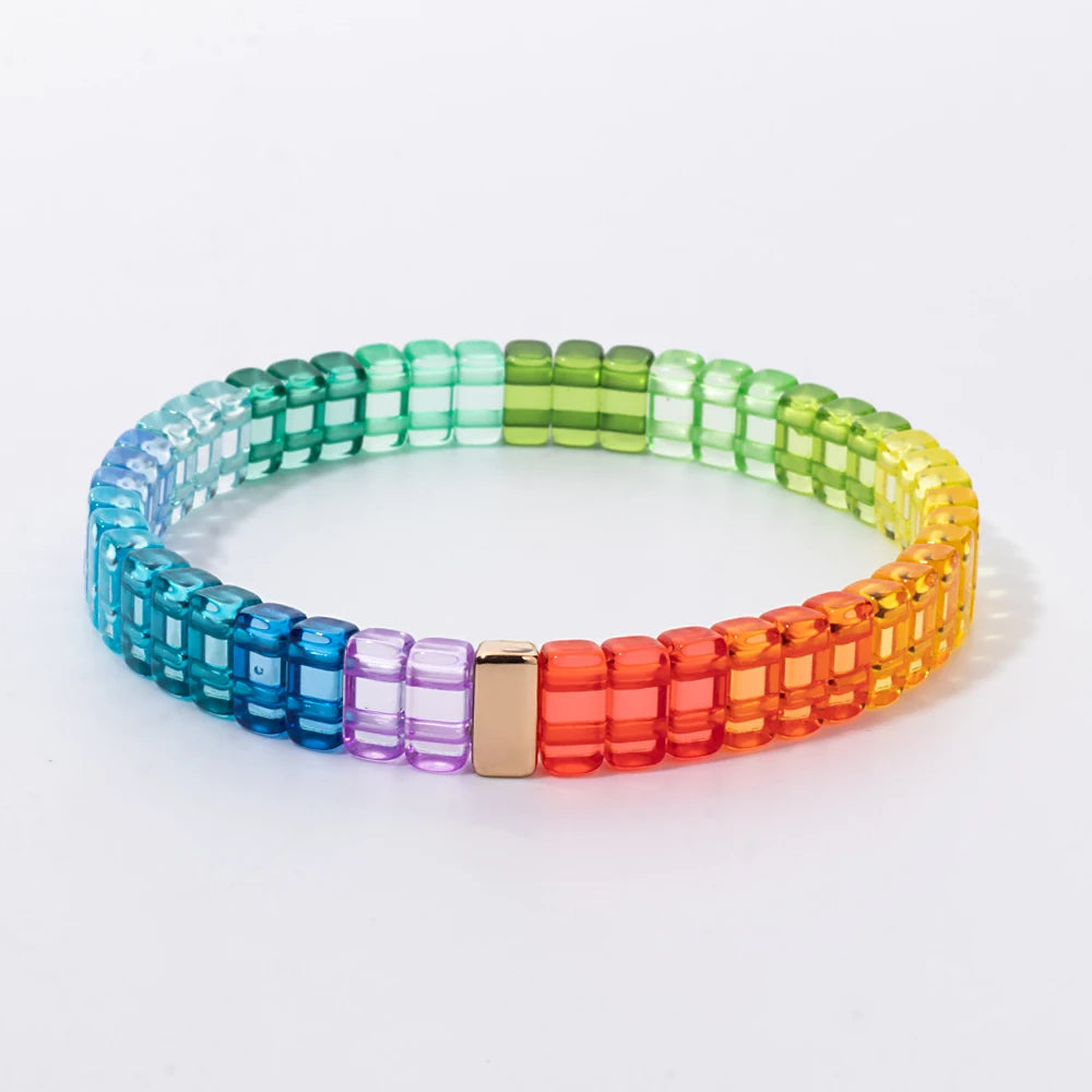 luckacco 4x8mm crystal acrylic bangle for women handmade rainbow color elastic bracelets