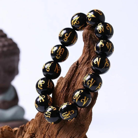 Luckacco Natural Obsidian Beads Six Character Mantra Bracelet Lucky Wealth Bangle Buddhist Accessories Meditation Blessing Amulet Jewelry