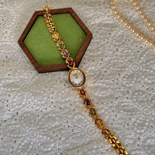 Luckacco 1pc New High-End Luxury Women's Watch Embedded With Colorful Tourmalines, Diamonds And An Oval Shaped Mother Of Pearl Dial.