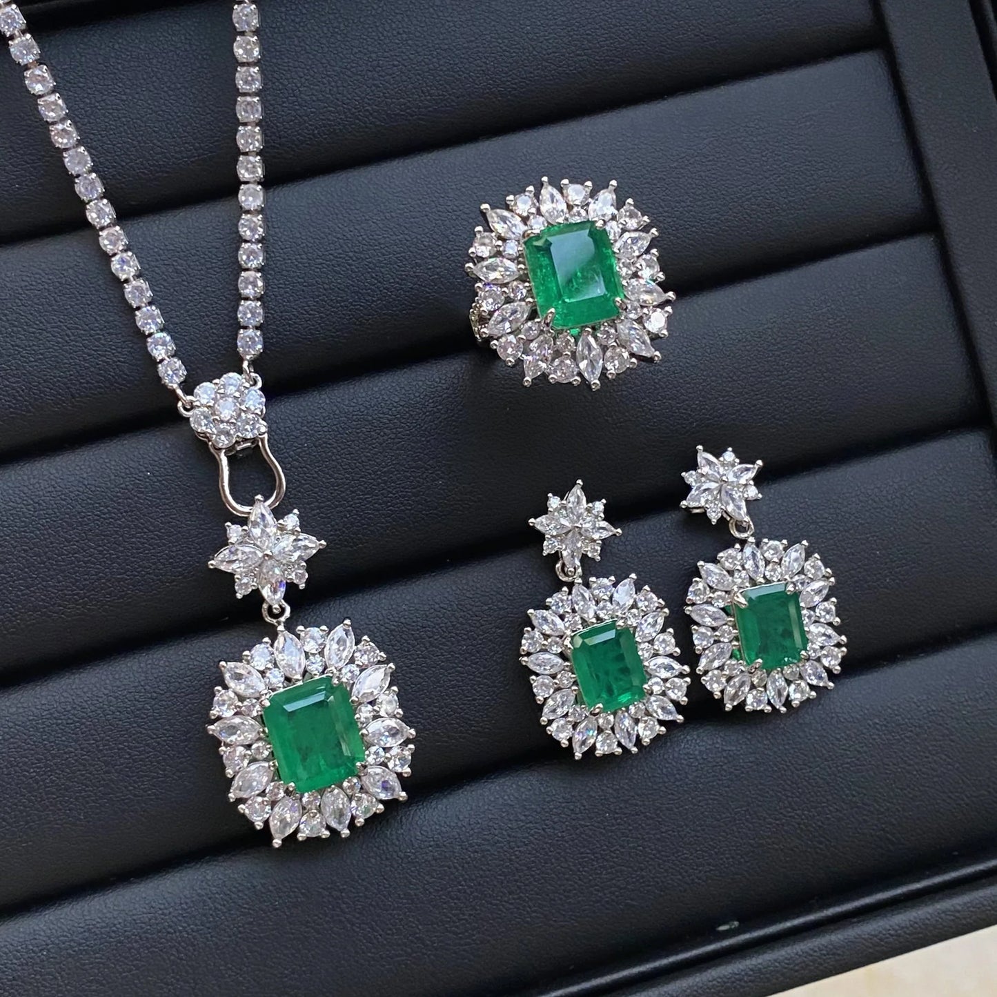 luckacco valuable lab jade diamond jewelry set 925 sterling silver engagement wedding rings earrings necklace for women bridal party gift
