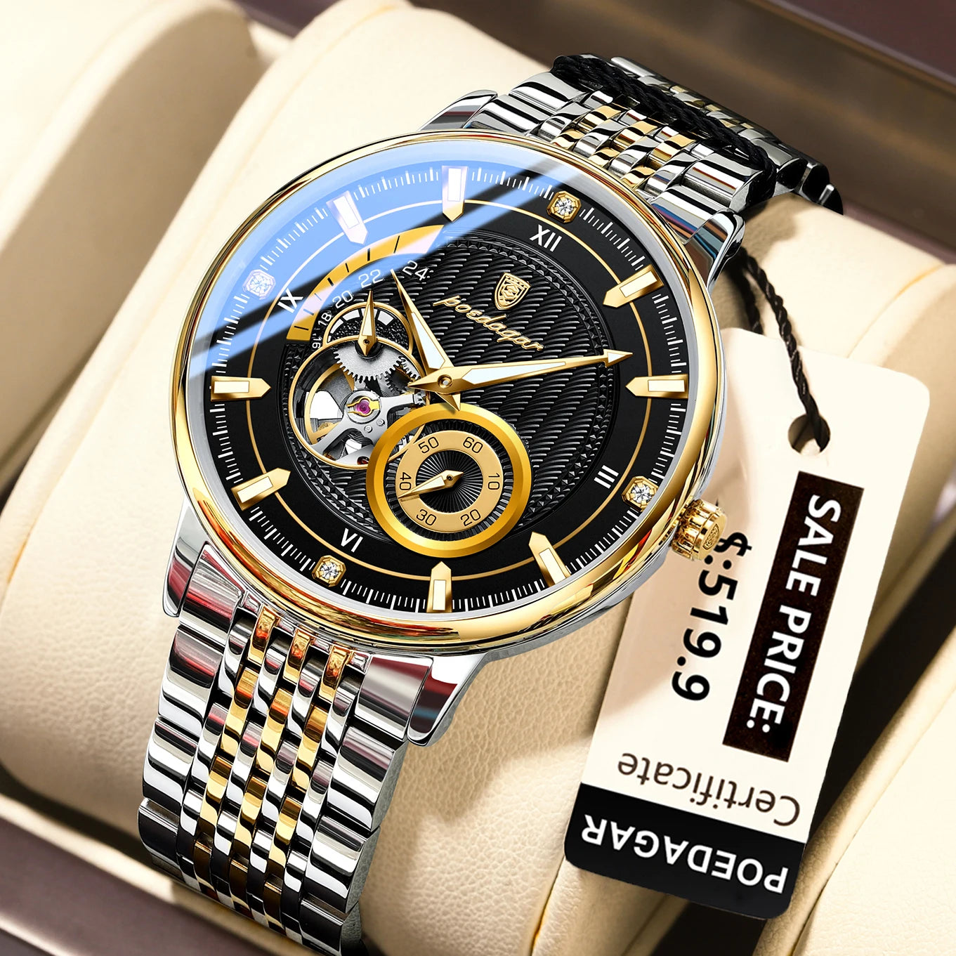 luckacco poedagar luxury man wristwatch top automatic mechanical luminous men watch hollow tourbillon stainless steel men's watches reloj